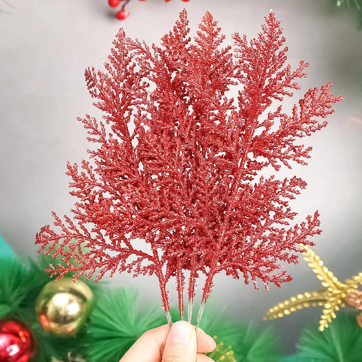 Artificial Pine Leaves Branches Christmas Gold Silver Fake Plants Glitter Garland Xmas Tree Ornament Home Room Decoration Plant