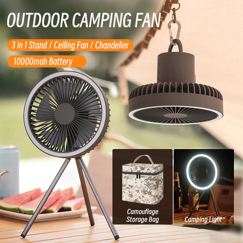 10,000mAh Rechargeable Camping Fan – Portable Desktop Air Circulator with Wireless Ceiling Function, Power Bank, & LED Lighting