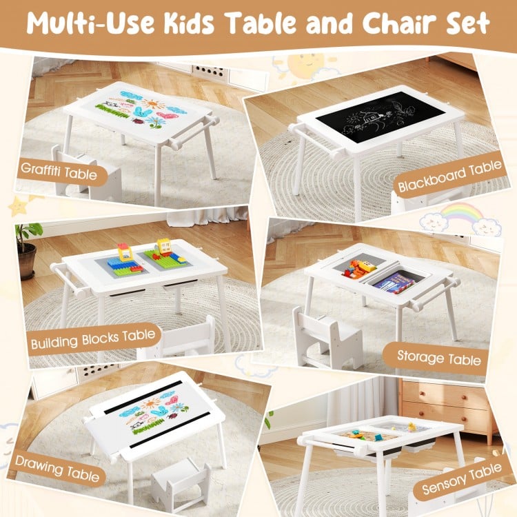 Sensory Table and Chair Set for Kids 2-8 with Foldable Bins-White