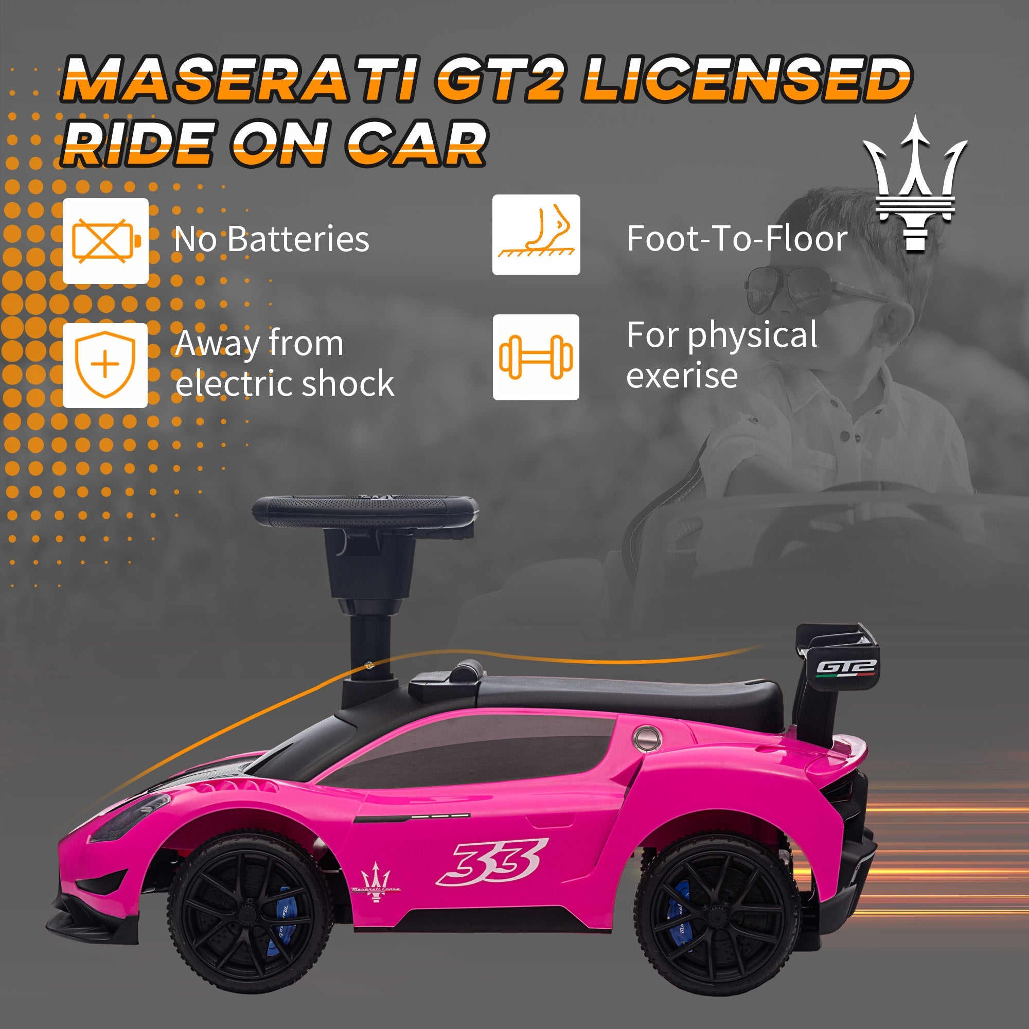 Qaba Licensed Maserati GT2 Baby Sliding Car with Storage, Music, Horn, Foot to Floor Toddler Car for 18-60 Months, Pink 