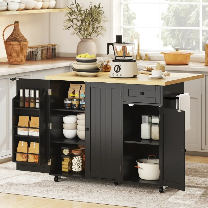Kitchen Island Cart, Rolling Kitchen Island Table with Drop Leaf, Drawer, Spice and Towel Rack, Black
