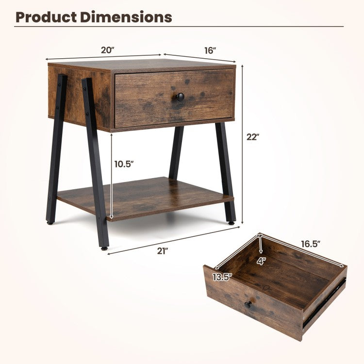 Set of 2 Industrial Nightstands with Drawer & Open Shelf, Rustic Brown Bedside Tables with Adjustable Foot Pads and Anti-Tip Hardware