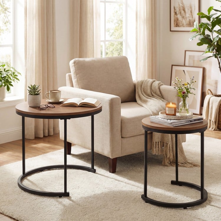 Set of 2 Modern Round Stacking Nesting Coffee Tables for Living Room-Light Brown