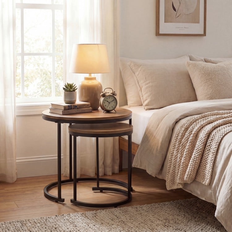 Set of 2 Modern Round Stacking Nesting Coffee Tables for Living Room-Light Brown