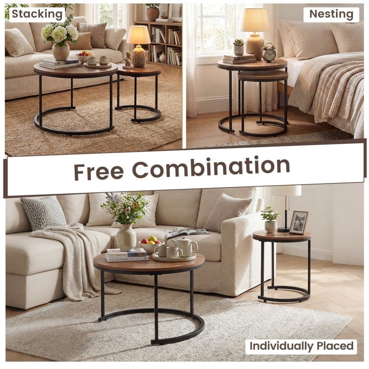 Set of 2 Modern Round Stacking Nesting Coffee Tables for Living Room-Light Brown