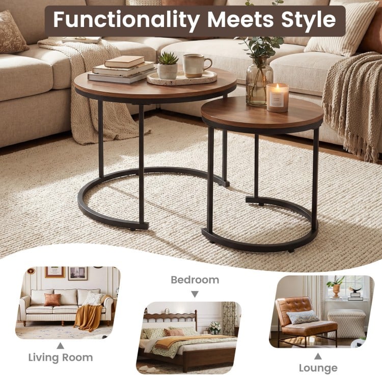 Set of 2 Modern Round Stacking Nesting Coffee Tables for Living Room-Light Brown