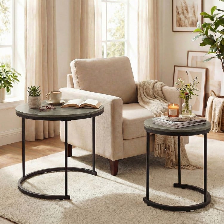 Set of 2 Modern Round Stacking Nesting Coffee Tables-Oak