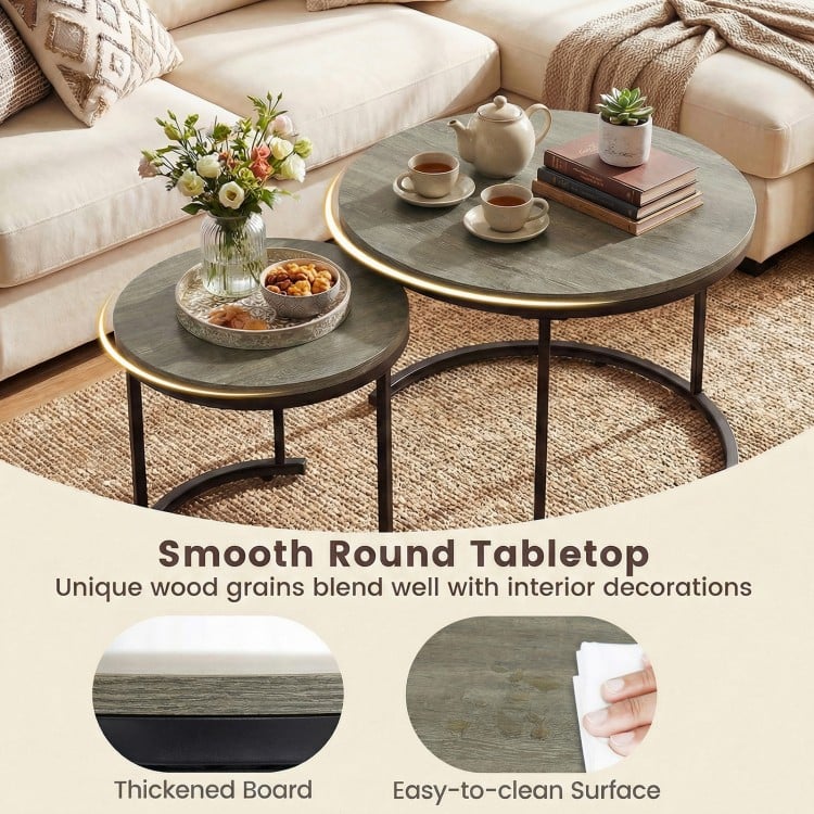 Set of 2 Modern Round Stacking Nesting Coffee Tables-Oak
