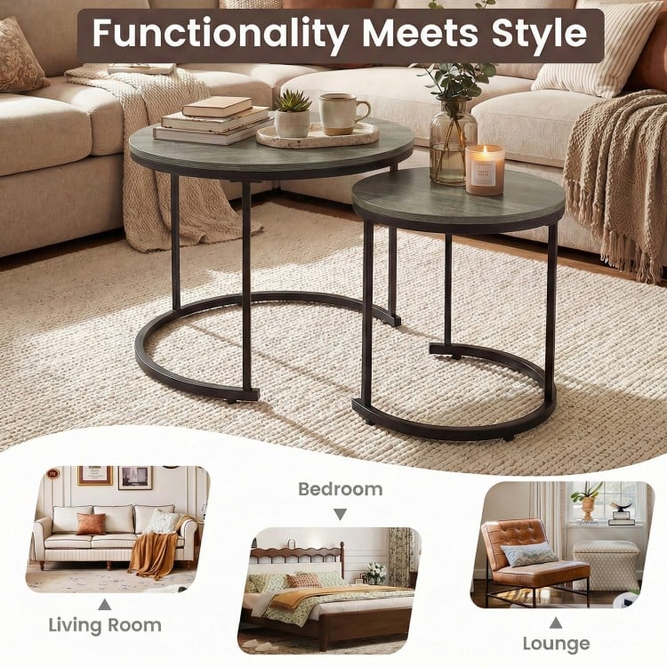 Set of 2 Modern Round Stacking Nesting Coffee Tables-Oak
