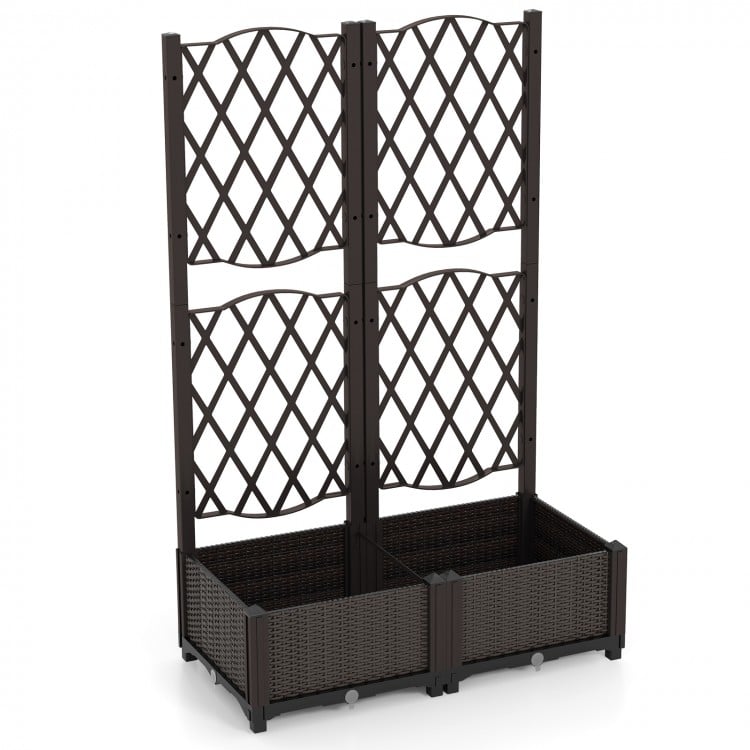 Set of 2 PE Rattan Raised Garden Bed with Trellis Planter Box for Climbing Plants-Rustic Brown