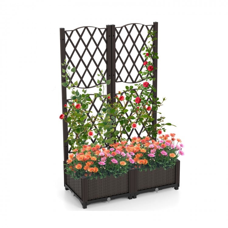 Set of 2 PE Rattan Raised Garden Bed with Trellis Planter Box for Climbing Plants-Rustic Brown