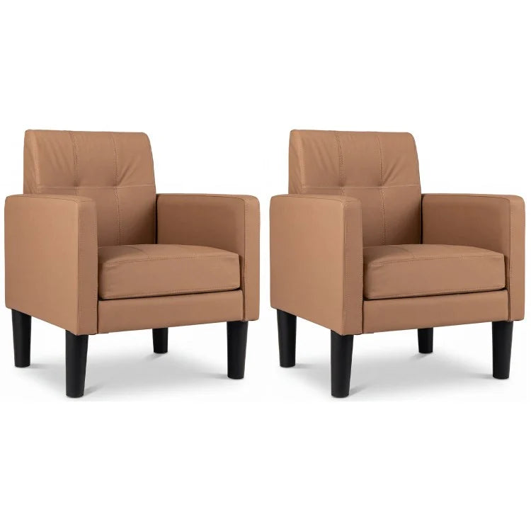 Set of 2 Modern PU Leather Accent Chairs with Removable Cushions – Brown Living Room Chairs