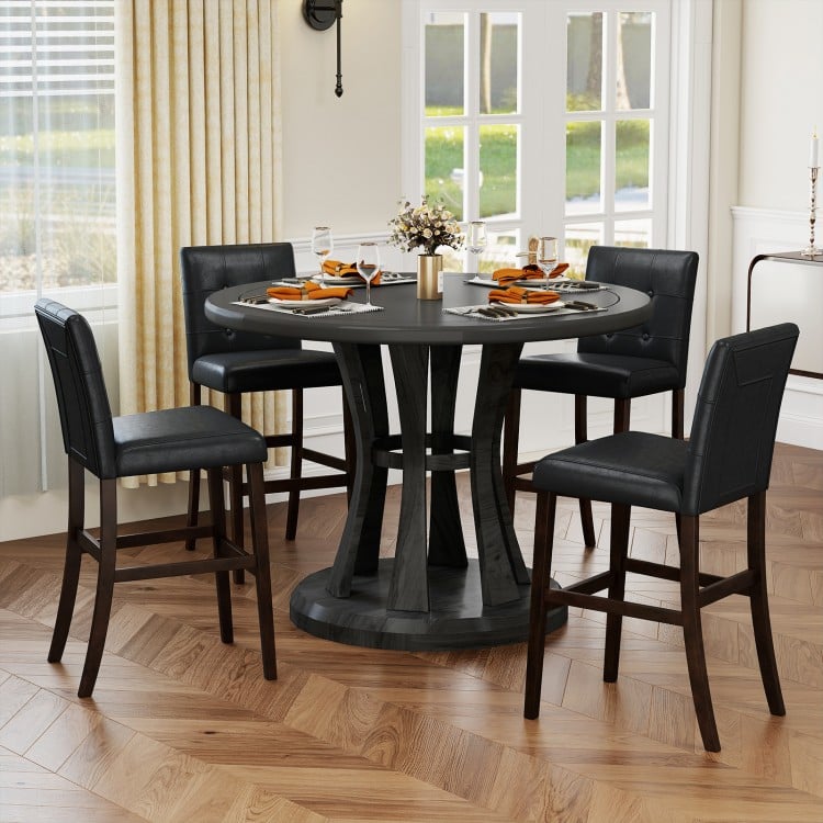 Set of 2 PVC Leather Bar Stools with Solid Wood Legs