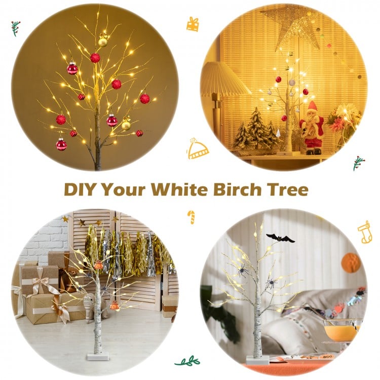 Set of 2 Pre-lit White Twig Birch Tree Battery Powered for Christmas Holiday