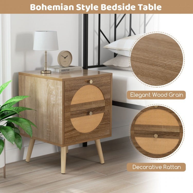 Set of 2 Rattan Nightstand with 2 Drawers and Solid Wood Legs-Natual