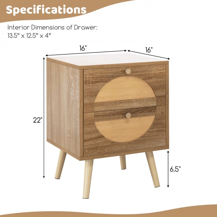 Set of 2 Rattan Nightstand with 2 Drawers and Solid Wood Legs-Natual