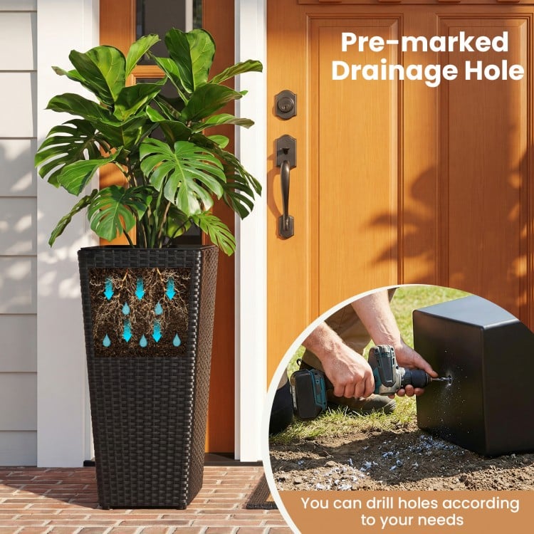 Set of 2 Rattan Tall Plant Pots with Detachable Plastic Liners-Black