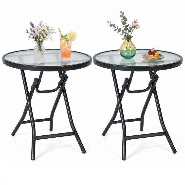 Set of 2 Folding Round Patio Side Tables with Tempered Glass Tops