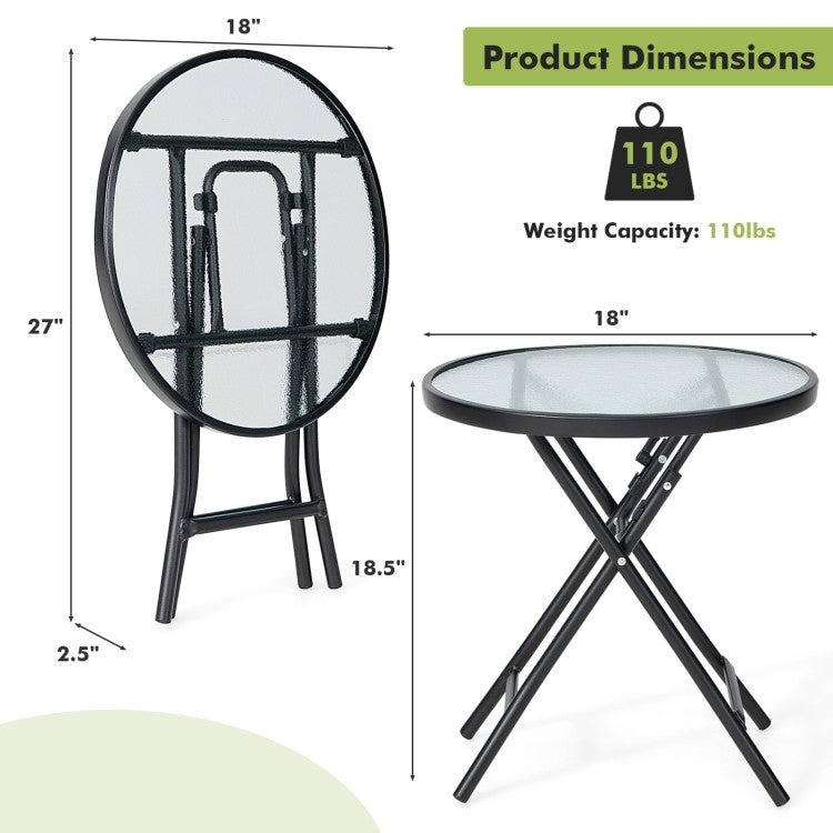 Set of 2 Folding Round Patio Side Tables with Tempered Glass Tops