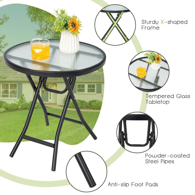 Set of 2 Folding Round Patio Side Tables with Tempered Glass Tops