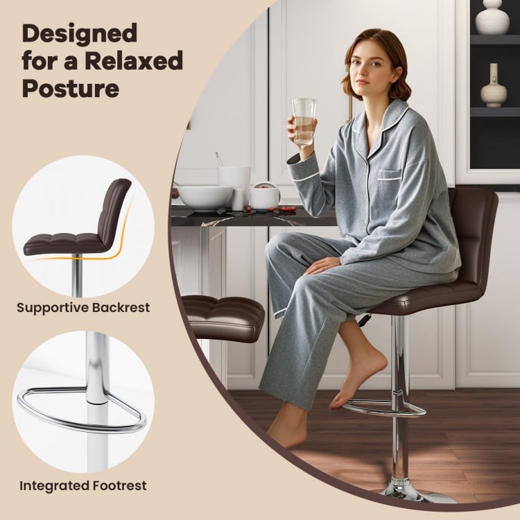 Set of 2 Square Swivel Adjustable PU Leather Bar Stools with Back and Footrest-Coffee