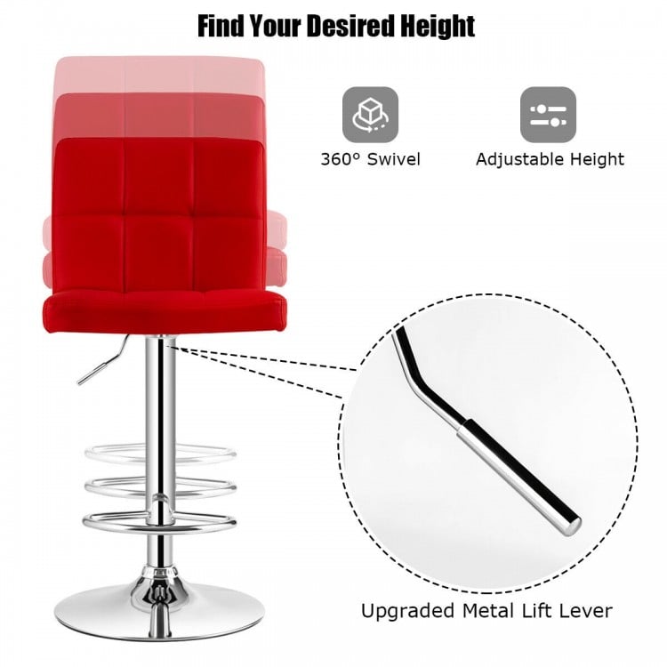 Set of 2 Square Swivel Adjustable PU Leather Bar Stools with Back and Footrest-Red