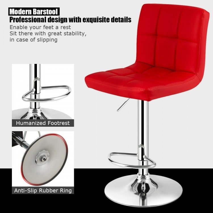 Set of 2 Square Swivel Adjustable PU Leather Bar Stools with Back and Footrest-Red