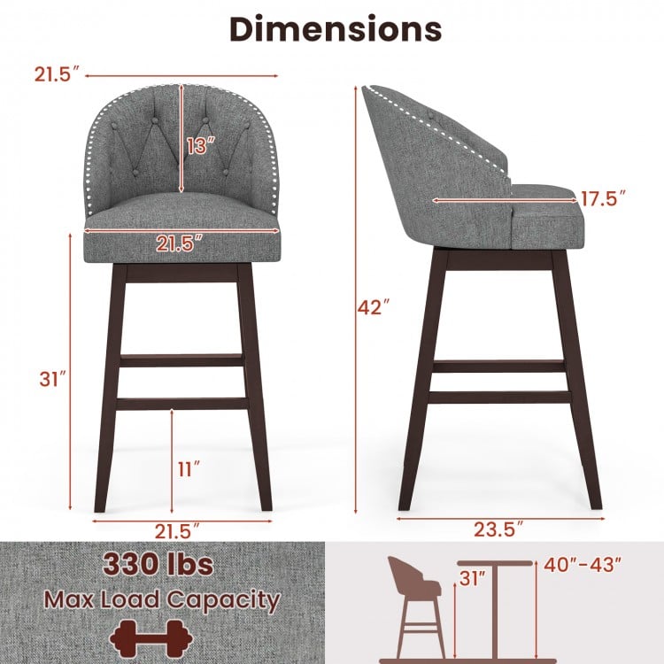 Set of 2 Swivel Bar Stools with Rubber Wood Legs and Padded Back-Gray
