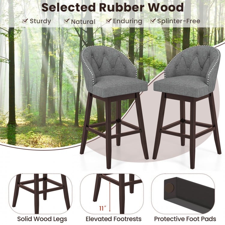 Set of 2 Swivel Bar Stools with Rubber Wood Legs and Padded Back-Gray