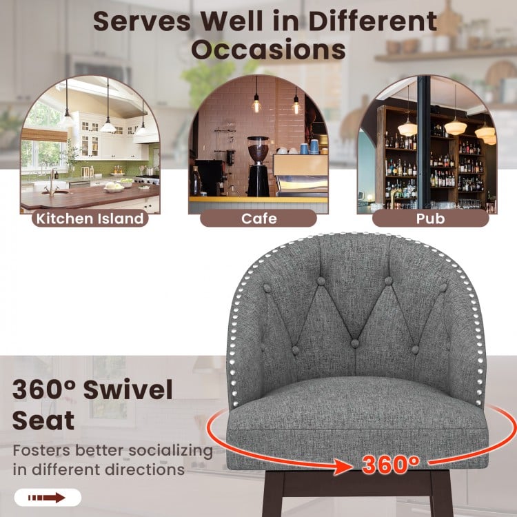 Set of 2 Swivel Bar Stools with Rubber Wood Legs and Padded Back-Gray