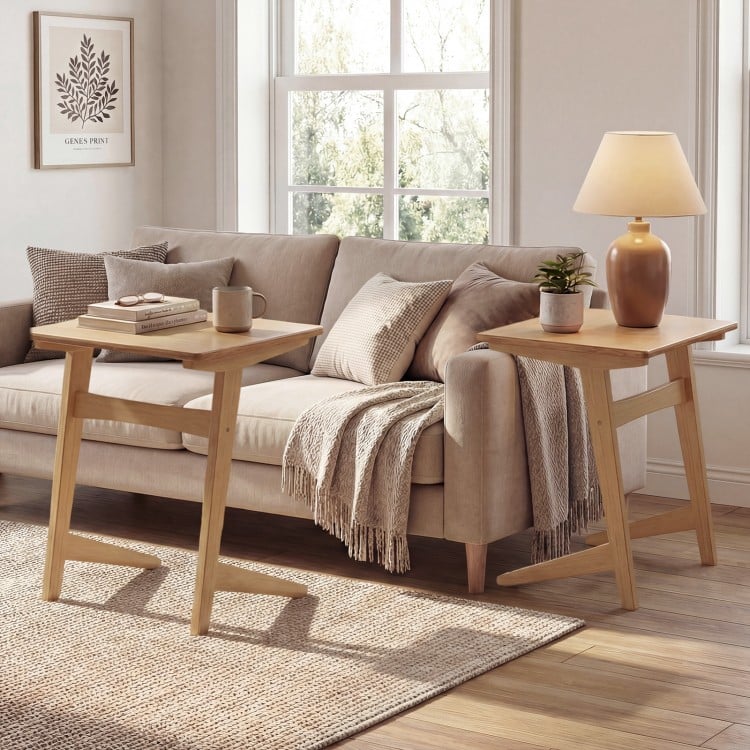 Set of 2 Wood Sofa Side Table C-shaped End Table with Wood Veneered Top