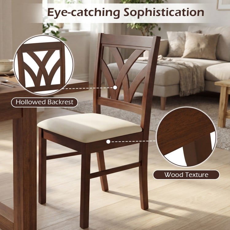 Set of 2 Wooden Dining Chairs Upholstered with Hollowed Backrest and Soft Padded Seat-Brown