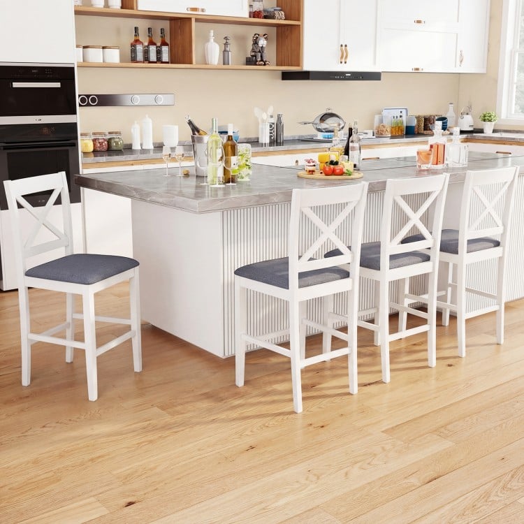 Set of 2 X-Back Bar Stools with Upholstered Cushioned Seats-White