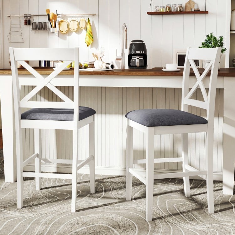 Set of 2 X-Back Bar Stools with Upholstered Cushioned Seats-White