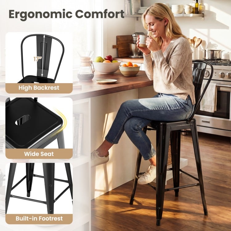 Set of 4 Metal Bar Stools with Backrests and Footrests-Black