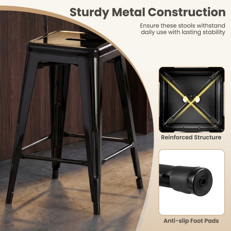 Set of 4 Metal Bar Stools with Backrests and Footrests-Black