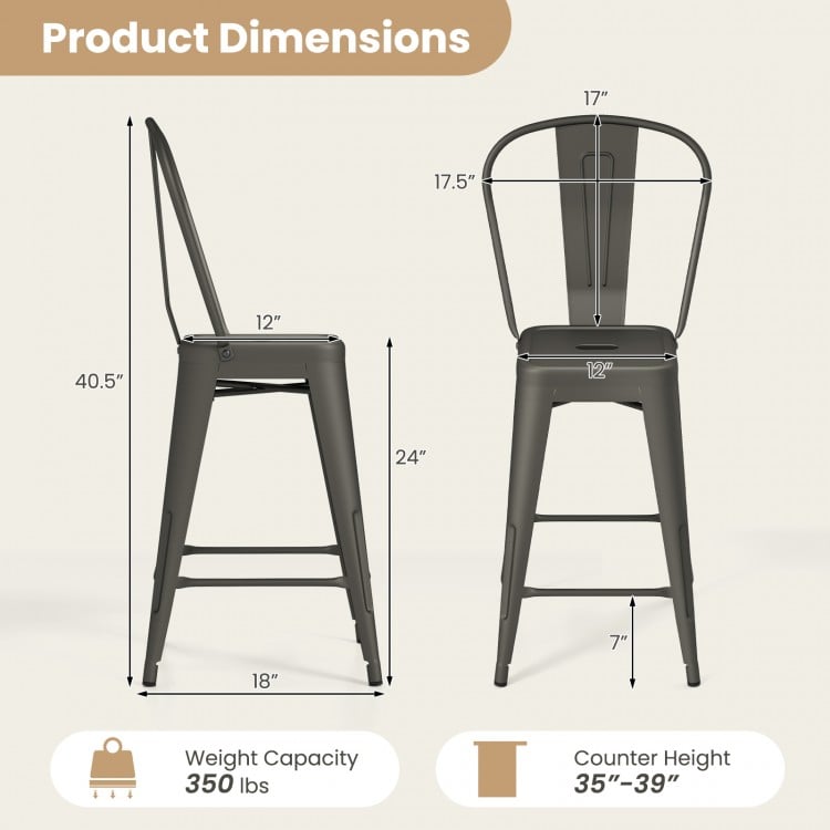 Set of 4 Metal Bar Stools with Backrests and Footrests-Gun Metal
