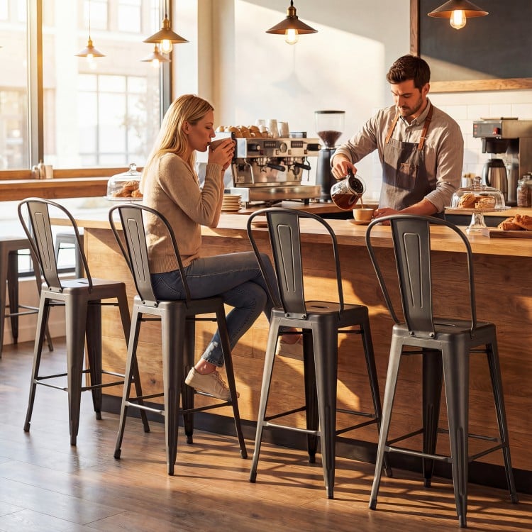 Set of 4 Metal Bar Stools with Backrests and Footrests-Gun Metal