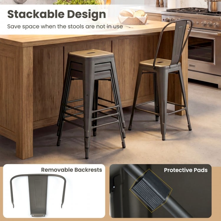 Set of 4 Metal Bar Stools with Backrests and Footrests-Gun Metal