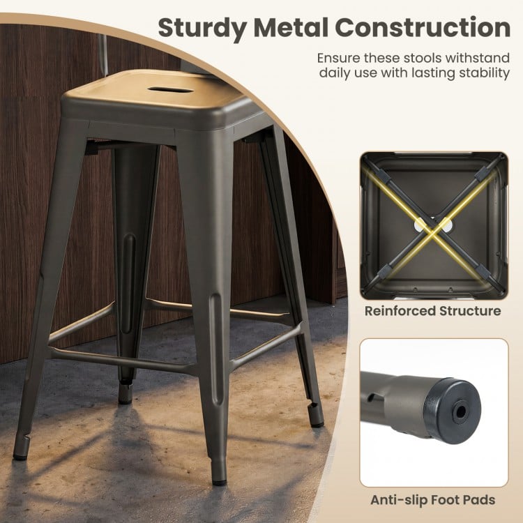 Set of 4 Metal Bar Stools with Backrests and Footrests-Gun Metal