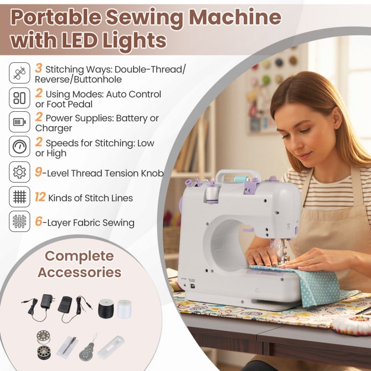 Sewing Machine Table with Charging Station and Lockable Casters-Brown