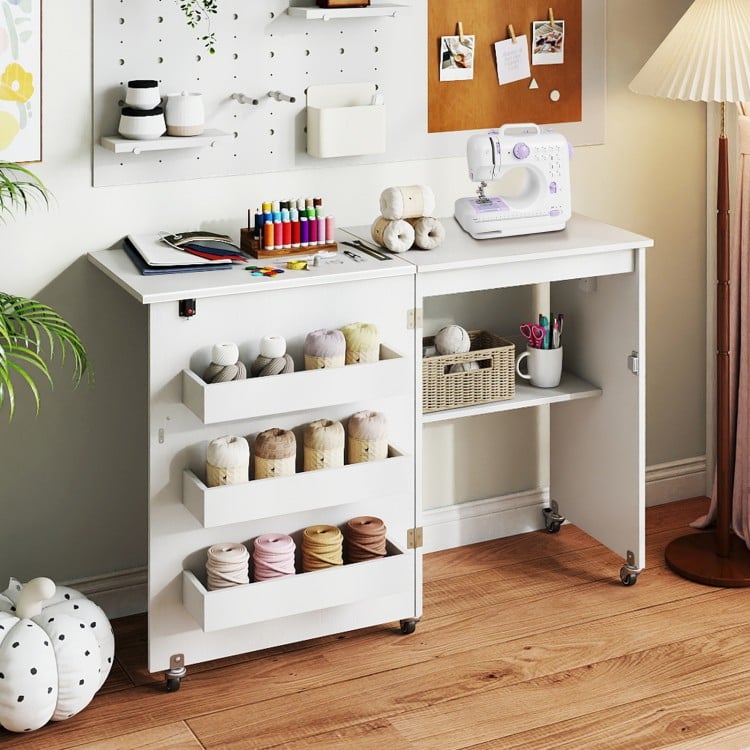 Sewing Machine Table with Charging Station and Lockable Casters-White