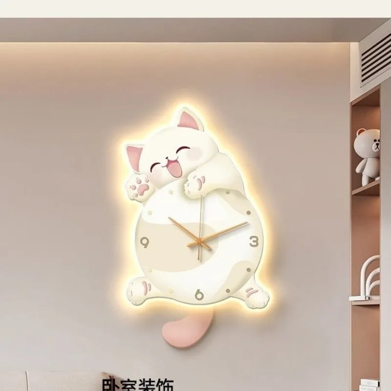 Cream Wind Cat Rocking Wall Clock – Creative Wall Light, Living Room Hanging Wall Clock, Bedroom, Free Punch, Mute Rocking Clock 