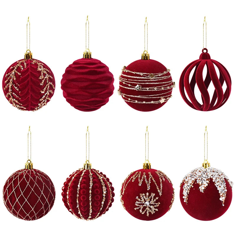 8cm Christmas Burgundy Velvet Balls Flocked Christmas Hanging Ornaments Wine Red Balls Wedding Anniversary Party Xmas Tree Decor