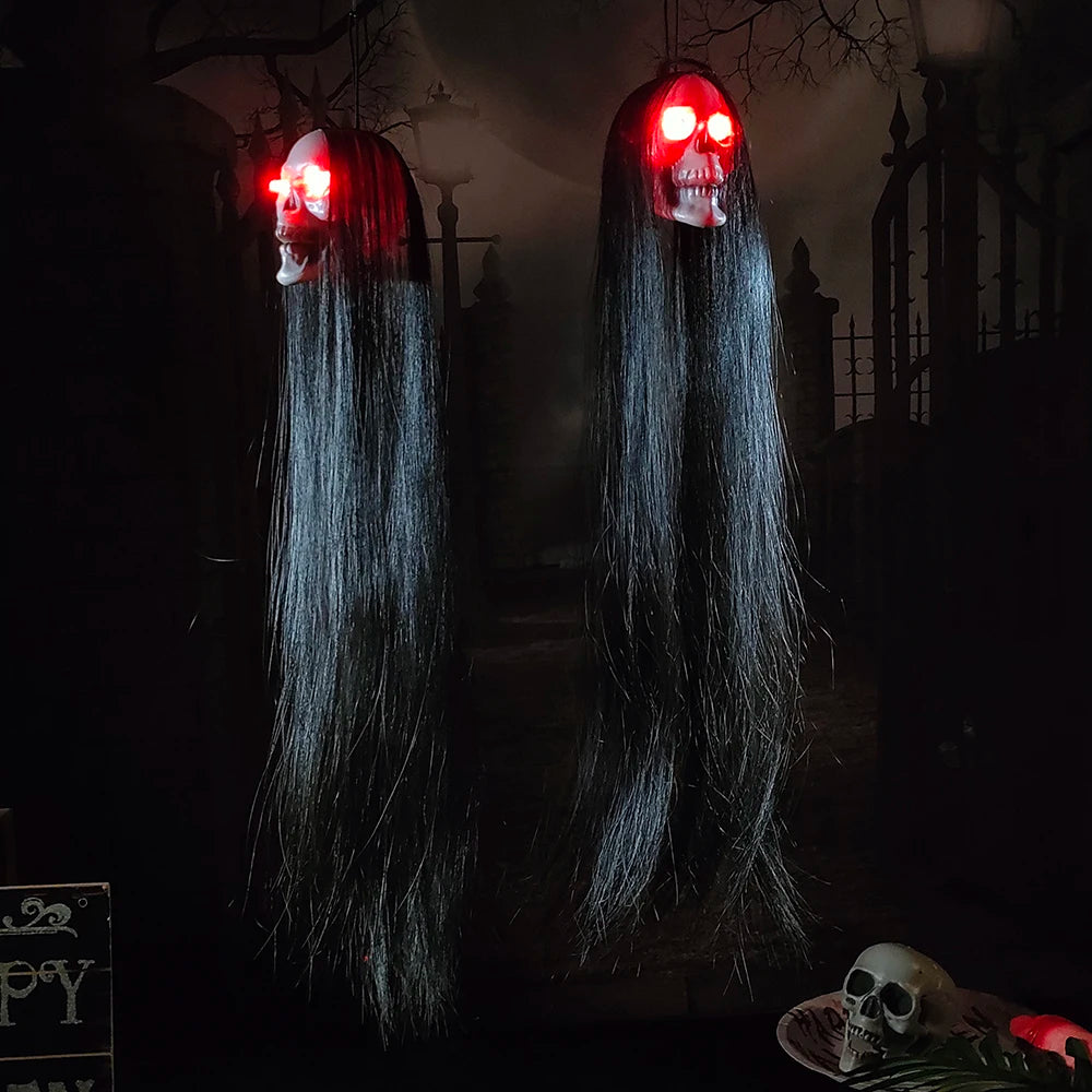 Halloween Hanging Ghosts Skeleton Long Hair Female Ghost Glowing Eyes Horror Skull Haunted House Secret Room Decoration Props