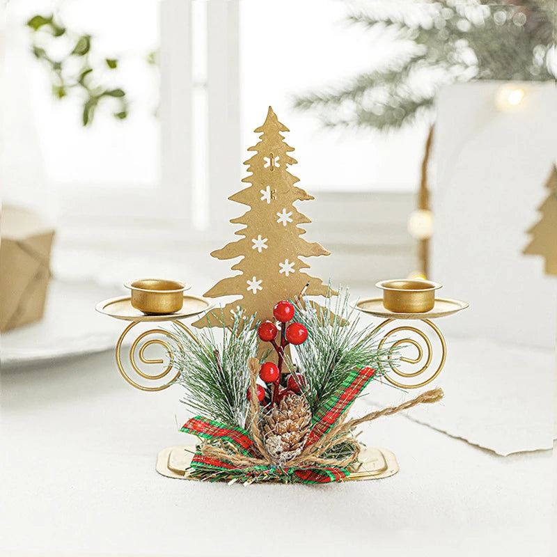 Christmas Gold Iron Candle Holder with Artificial Snowy Pine Needles Reindeer snowflake Candlestick New year xmas table decor