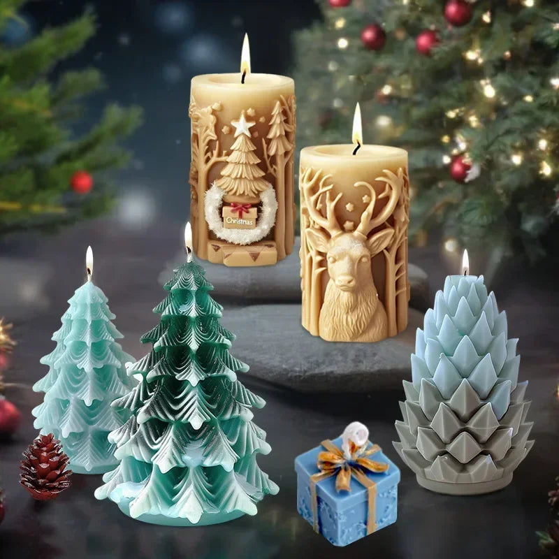 3D Christmas Tree Elk Relief Cylinder Candle Silicone Mold Merry Christmas Letter Snowflake Cylinder Candle Molds Christmas Gift