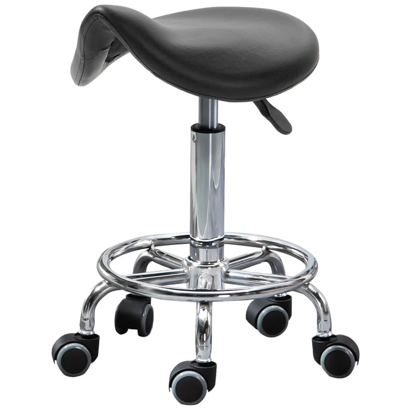 Saddle Stool, PU Leather Adjustable Rolling Salon Chair for Massage, Spa, Clinic, Beauty and Tattoo, Black