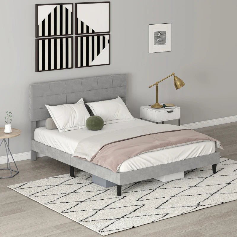 Queen Size Bed Frame with Upholstered Headboard, Modern Platform Bed Frame with Wood Slats, 1100 lbs Capacity, Grey