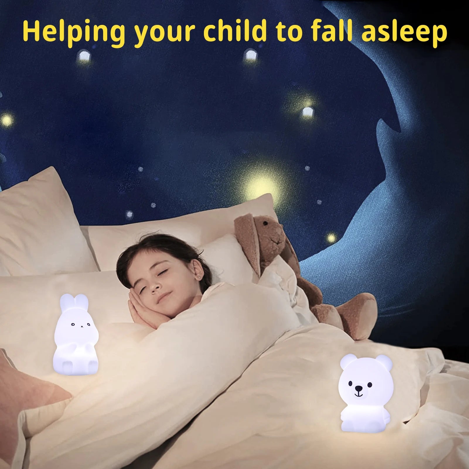 Children's Night Light – Cute Rabbit and Bear Mini Soft Silicone Lamp, Colorful Battery-Powered Desktop Decor, Kid's Christmas Gift 